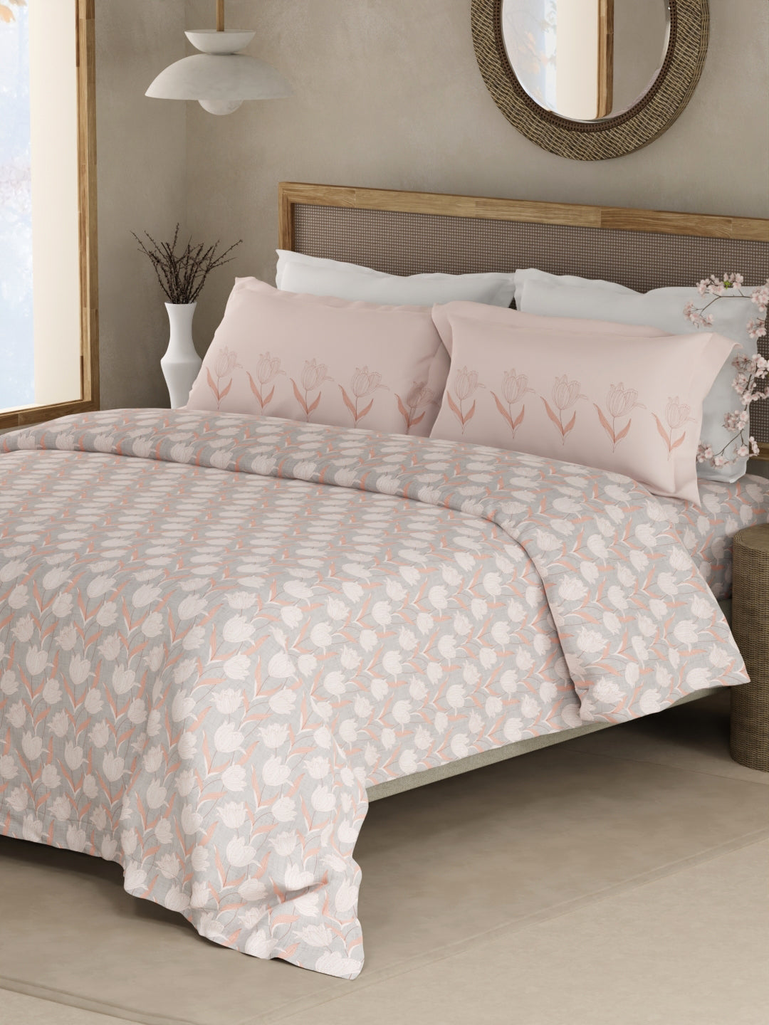 Valatia 100% Cotton 200 TC Pink Floral King Bedsheet with 2 Pillow Covers