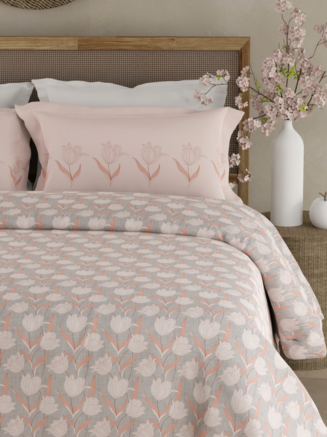 Valatia 100% Cotton 200 TC Pink Floral King Bedsheet with 2 Pillow Covers