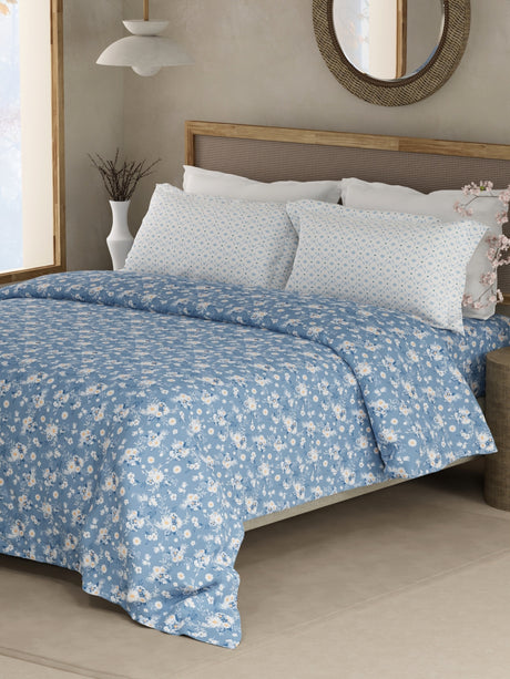 Valatia 100% Cotton 200 TC Blue Floral King Bedsheet with 2 Pillow Covers