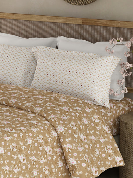 Valatia 100% Cotton 200 TC Brown Floral King Bedsheet with 2 Pillow Covers