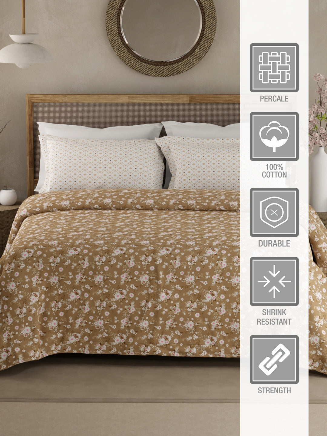 Valatia 100% Cotton 200 TC Brown Floral King Bedsheet with 2 Pillow Covers