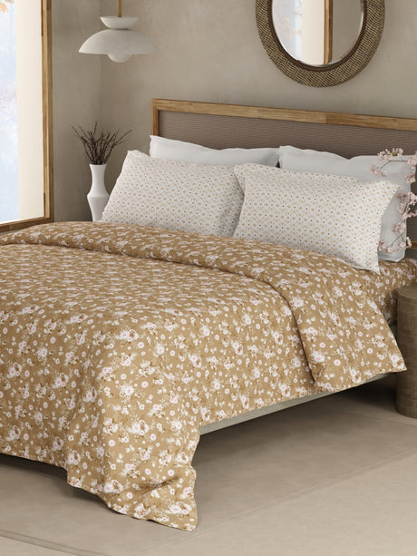Valatia 100% Cotton 200 TC Brown Floral King Bedsheet with 2 Pillow Covers