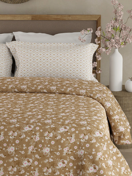 Valatia 100% Cotton 200 TC Brown Floral King Bedsheet with 2 Pillow Covers