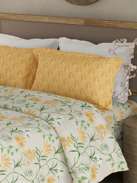 Valatia 100% Cotton 200 TC Yellow & Green Floral King Bedsheet with 2 Pillow Covers