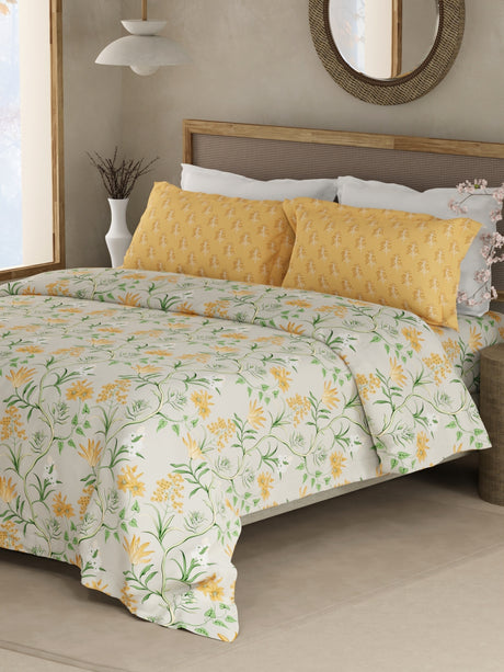 Valatia 100% Cotton 200 TC Yellow & Green Floral King Bedsheet with 2 Pillow Covers