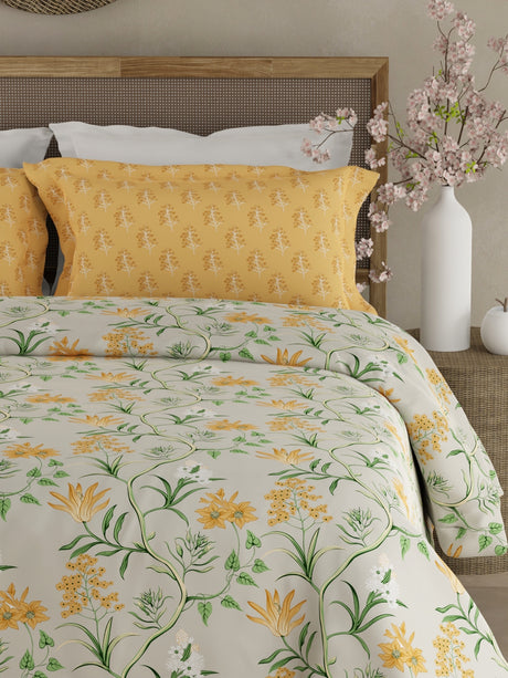 Valatia 100% Cotton 200 TC Yellow & Green Floral King Bedsheet with 2 Pillow Covers