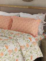 Valatia 100% Cotton 200 TC Orange & Green Floral King Bedsheet with 2 Pillow Covers