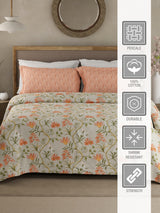 Valatia 100% Cotton 200 TC Orange & Green Floral King Bedsheet with 2 Pillow Covers