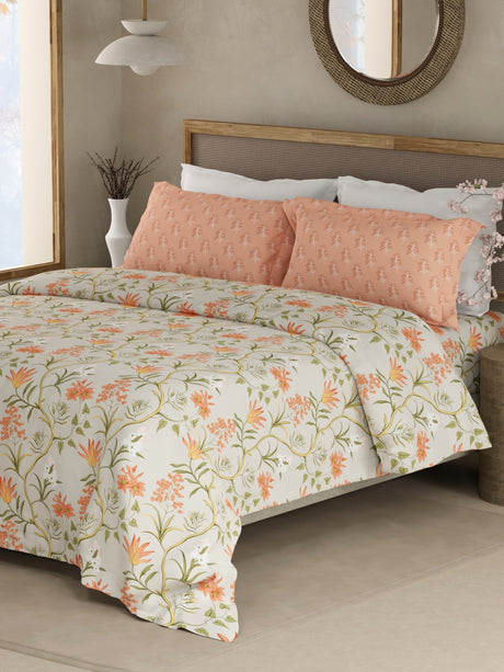 Valatia 100% Cotton 200 TC Orange & Green Floral King Bedsheet with 2 Pillow Covers