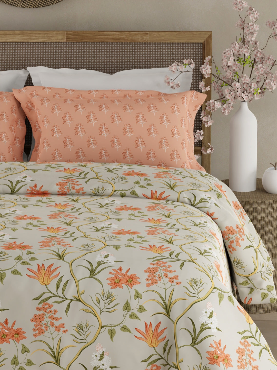 Valatia 100% Cotton 200 TC Orange & Green Floral King Bedsheet with 2 Pillow Covers