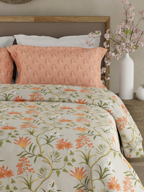 Valatia 100% Cotton 200 TC Orange & Green Floral King Bedsheet with 2 Pillow Covers