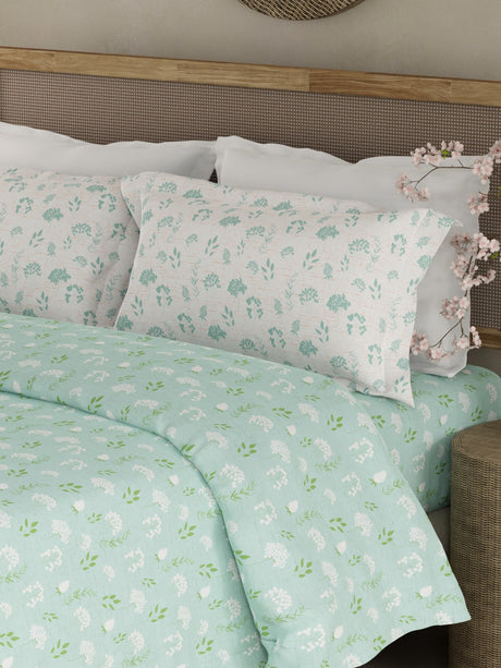 Valatia 100% Cotton 200 TC Green Floral King Bedsheet with 2 Pillow Covers