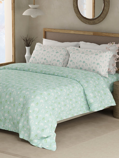 Valatia 100% Cotton 200 TC Green Floral King Bedsheet with 2 Pillow Covers