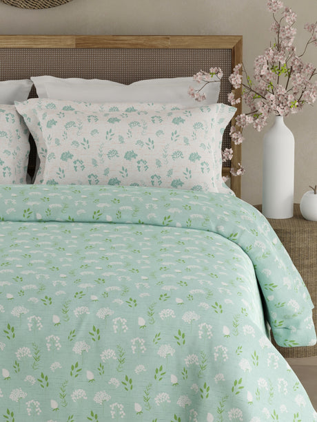 Valatia 100% Cotton 200 TC Green Floral King Bedsheet with 2 Pillow Covers
