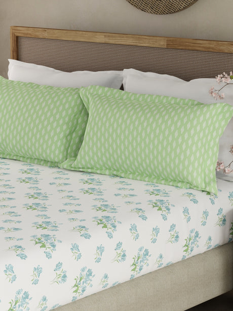 Valatia 100% Cotton 200 TC White & Green Floral King Fitted Bedsheet with 2 Pillow Covers