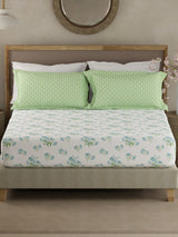Valatia 100% Cotton 200 TC White & Green Floral King Fitted Bedsheet with 2 Pillow Covers