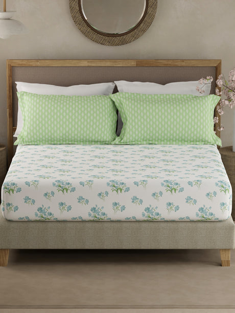 Valatia 100% Cotton 200 TC White & Green Floral King Fitted Bedsheet with 2 Pillow Covers