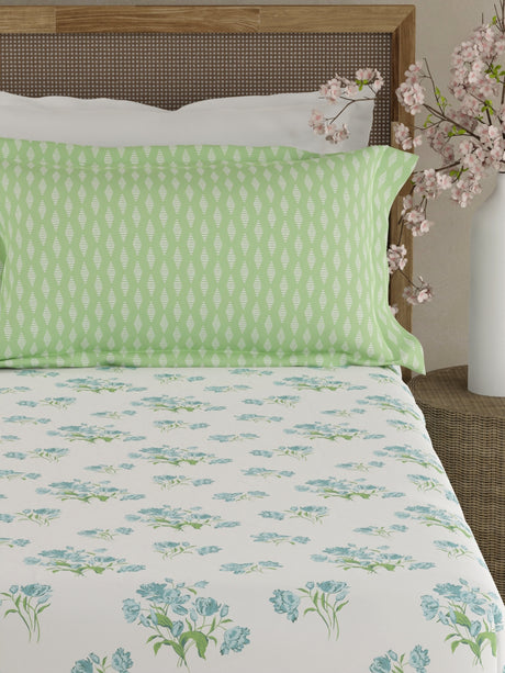 Valatia 100% Cotton 200 TC White & Green Floral King Fitted Bedsheet with 2 Pillow Covers
