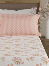 Valatia 100% Cotton 200 TC Peach & White Floral King Fitted Bedsheet with 2 Pillow Covers