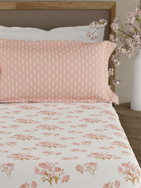 Valatia 100% Cotton 200 TC Peach & White Floral King Fitted Bedsheet with 2 Pillow Covers