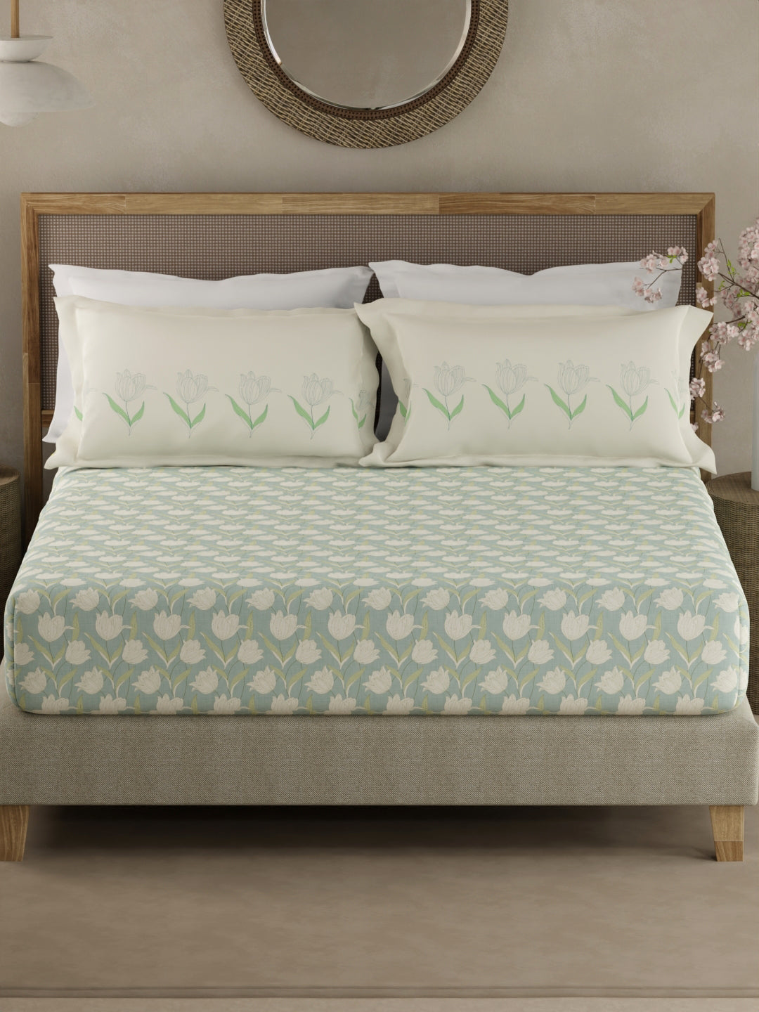 Valatia 100% Cotton 200 TC Grey & White Floral King Fitted Bedsheet with 2 Pillow Covers