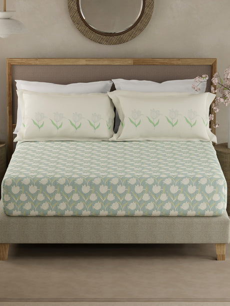 Valatia 100% Cotton 200 TC Grey & White Floral King Fitted Bedsheet with 2 Pillow Covers