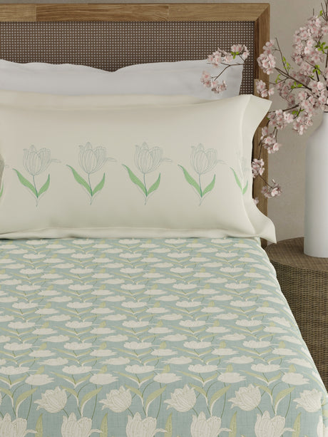 Valatia 100% Cotton 200 TC Grey & White Floral King Fitted Bedsheet with 2 Pillow Covers