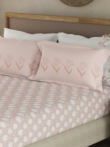 Valatia 100% Cotton 200 TC Pink & Grey Floral King Fitted Bedsheet with 2 Pillow Covers