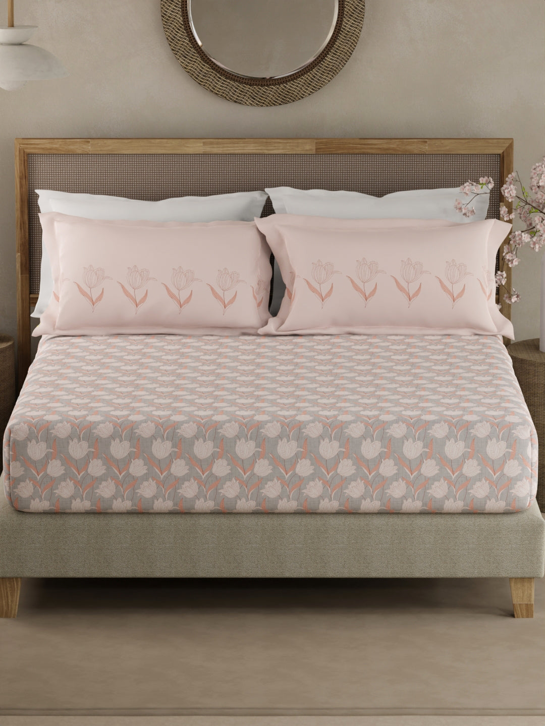 Valatia 100% Cotton 200 TC Pink & Grey Floral King Fitted Bedsheet with 2 Pillow Covers