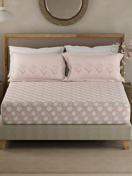Valatia 100% Cotton 200 TC Pink & Grey Floral King Fitted Bedsheet with 2 Pillow Covers