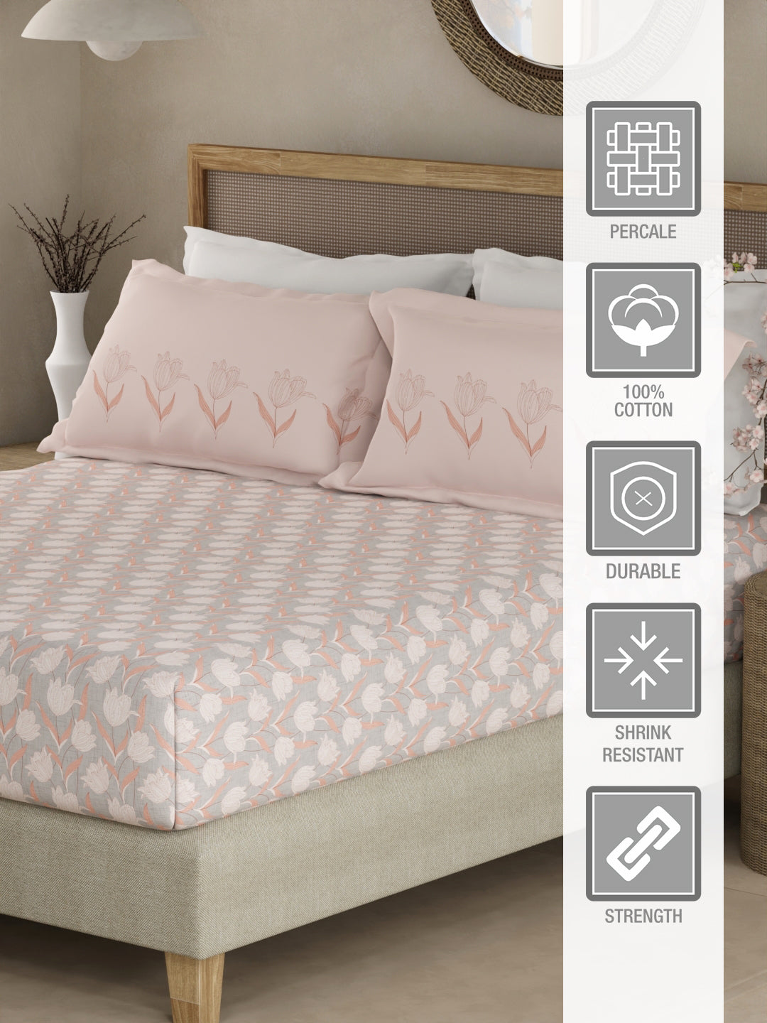 Valatia 100% Cotton 200 TC Pink & Grey Floral King Fitted Bedsheet with 2 Pillow Covers