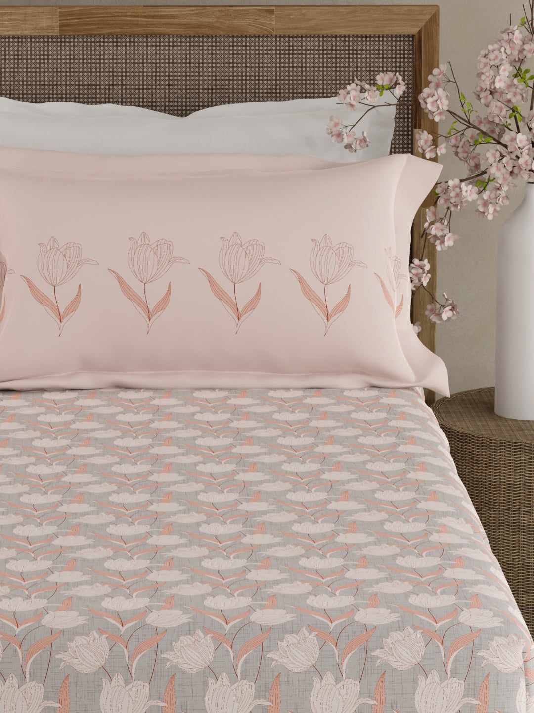 Valatia 100% Cotton 200 TC Pink & Grey Floral King Fitted Bedsheet with 2 Pillow Covers