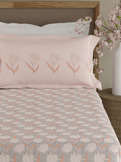 Valatia 100% Cotton 200 TC Pink & Grey Floral King Fitted Bedsheet with 2 Pillow Covers