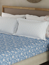 Valatia 100% Cotton 200 TC Blue Floral King Fitted Bedsheet with 2 Pillow Covers