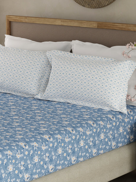 Valatia 100% Cotton 200 TC Blue Floral King Fitted Bedsheet with 2 Pillow Covers