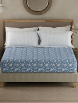 Valatia 100% Cotton 200 TC Blue Floral King Fitted Bedsheet with 2 Pillow Covers