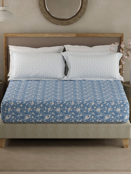 Valatia 100% Cotton 200 TC Blue Floral King Fitted Bedsheet with 2 Pillow Covers