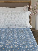 Valatia 100% Cotton 200 TC Blue Floral King Fitted Bedsheet with 2 Pillow Covers