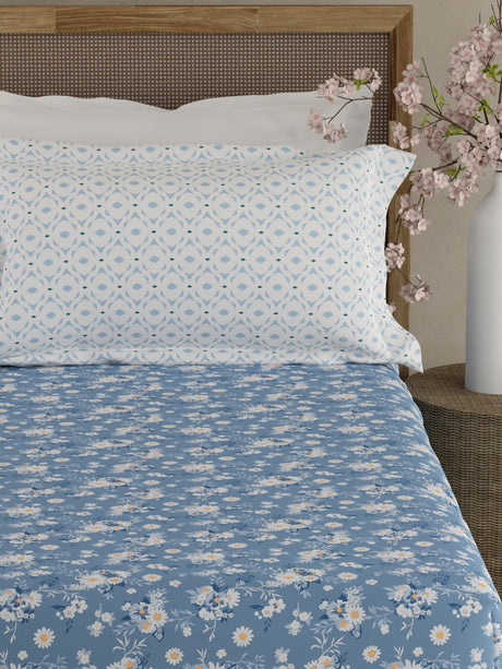 Valatia 100% Cotton 200 TC Blue Floral King Fitted Bedsheet with 2 Pillow Covers