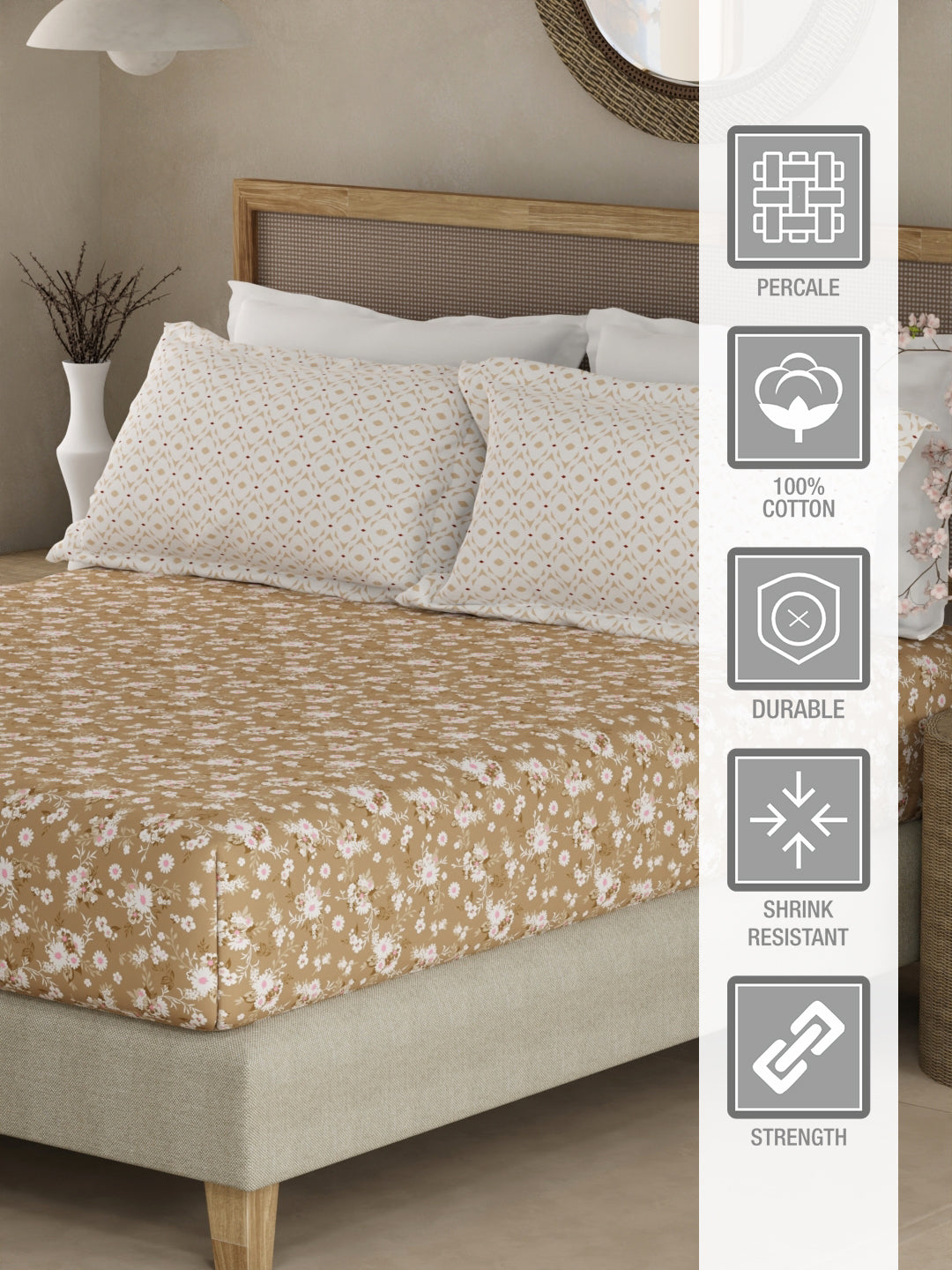 Valatia 100% Cotton 200 TC Brown Floral King Fitted Bedsheet with 2 Pillow Covers