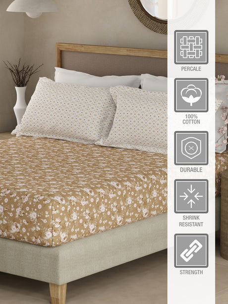 Valatia 100% Cotton 200 TC Brown Floral King Fitted Bedsheet with 2 Pillow Covers
