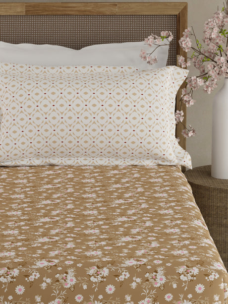 Valatia 100% Cotton 200 TC Brown Floral King Fitted Bedsheet with 2 Pillow Covers