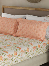 Valatia 100% Cotton 200 TC Orange & Green Floral King Fitted Bedsheet with 2 Pillow Covers