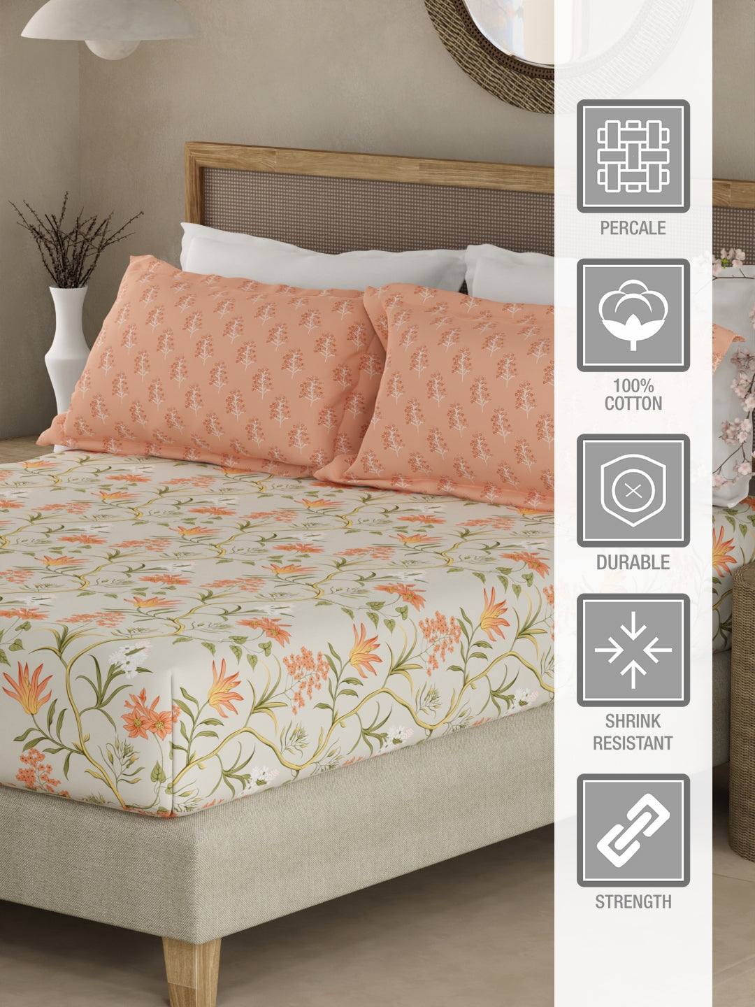 Valatia 100% Cotton 200 TC Orange & Green Floral King Fitted Bedsheet with 2 Pillow Covers