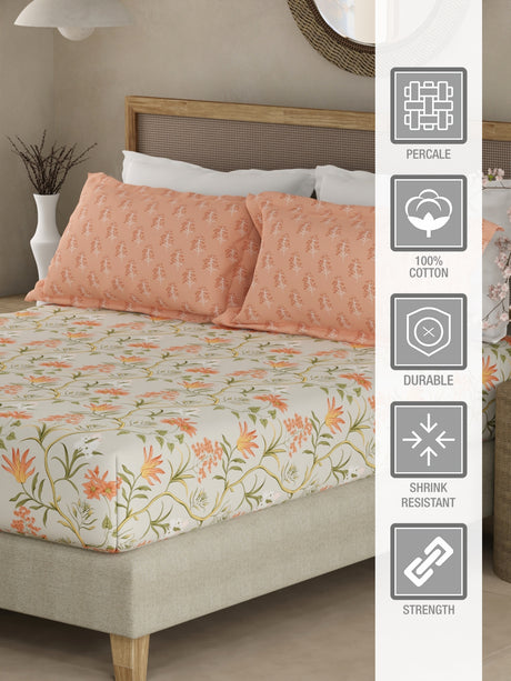 Valatia 100% Cotton 200 TC Orange & Green Floral King Fitted Bedsheet with 2 Pillow Covers