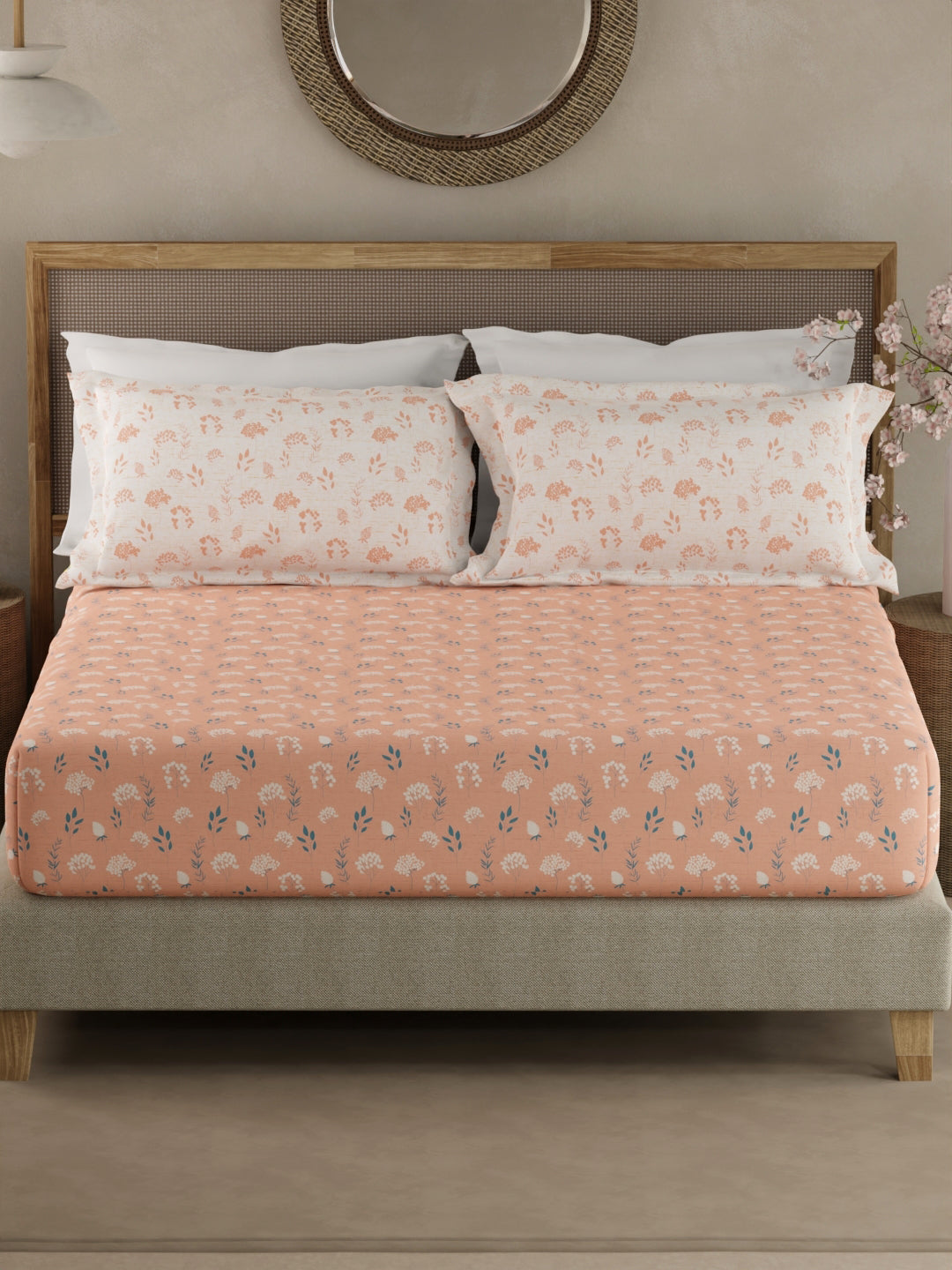 Valatia 100% Cotton 200 TC Peach Floral King Fitted Bedsheet with 2 Pillow Covers