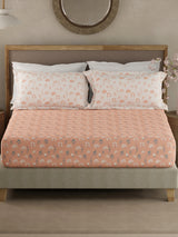 Valatia 100% Cotton 200 TC Peach Floral King Fitted Bedsheet with 2 Pillow Covers