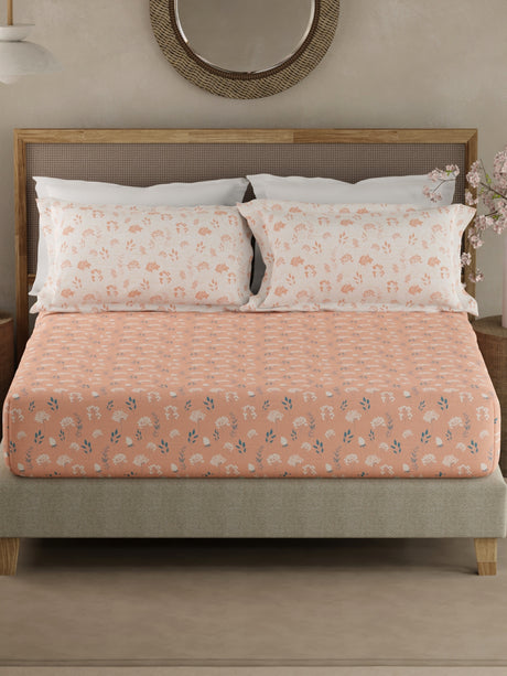 Valatia 100% Cotton 200 TC Peach Floral King Fitted Bedsheet with 2 Pillow Covers