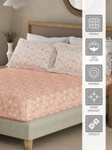 Valatia 100% Cotton 200 TC Peach Floral King Fitted Bedsheet with 2 Pillow Covers