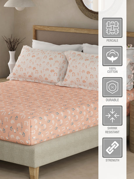 Valatia 100% Cotton 200 TC Peach Floral King Fitted Bedsheet with 2 Pillow Covers